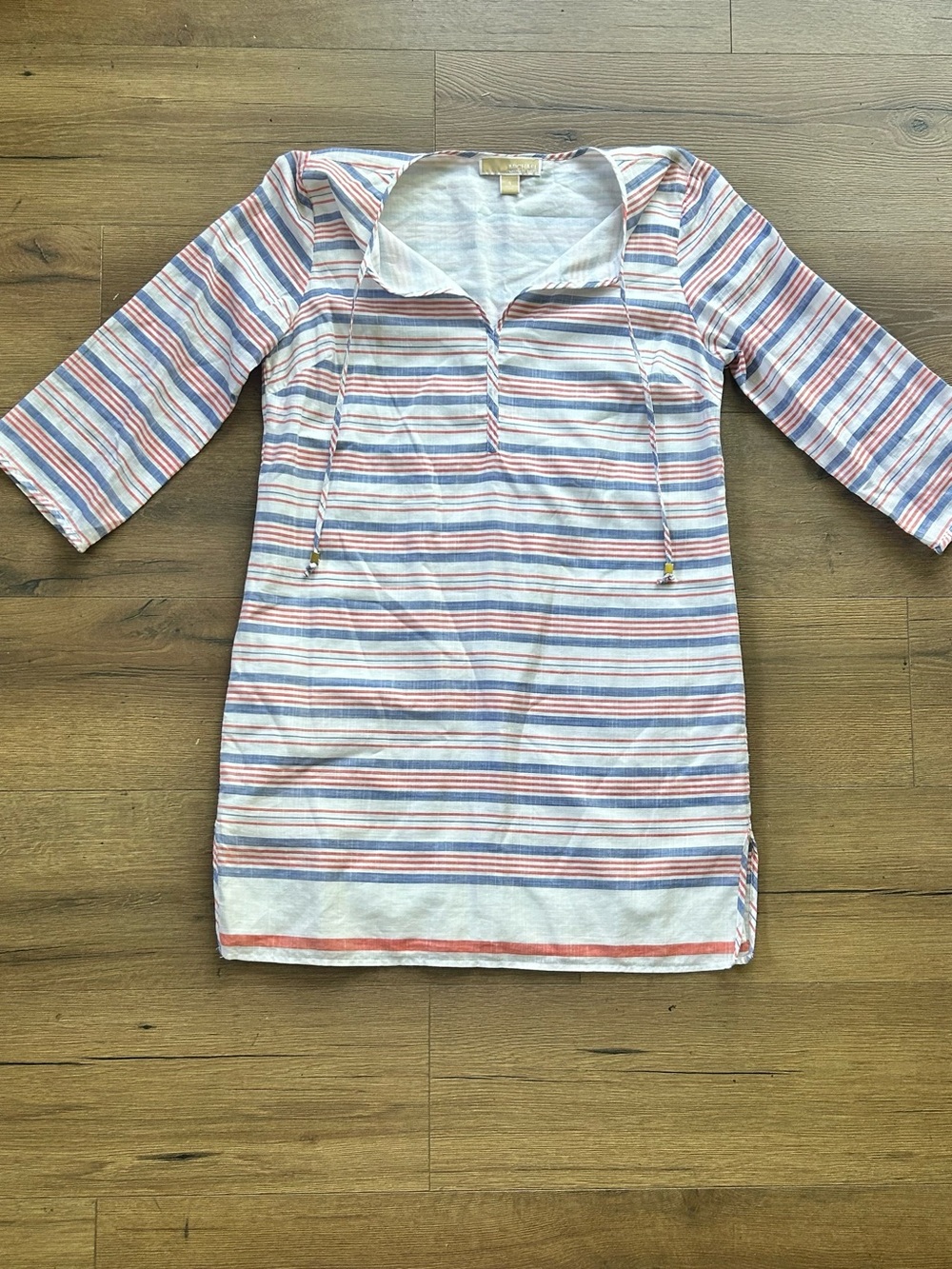 Michael Kors linen White Tunic with Blue & Coral Stripes